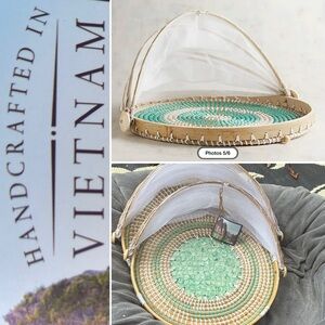 A Bundle of Two Seagrass Natural Tray with Folded Net Cover for Protecting Food